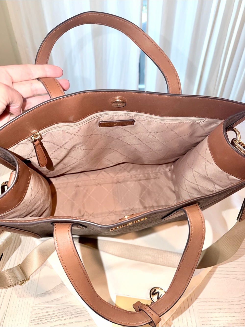 Michael Kors Brown MK Signature Messenger Tote with Tan Trim - Picture 7 of 13